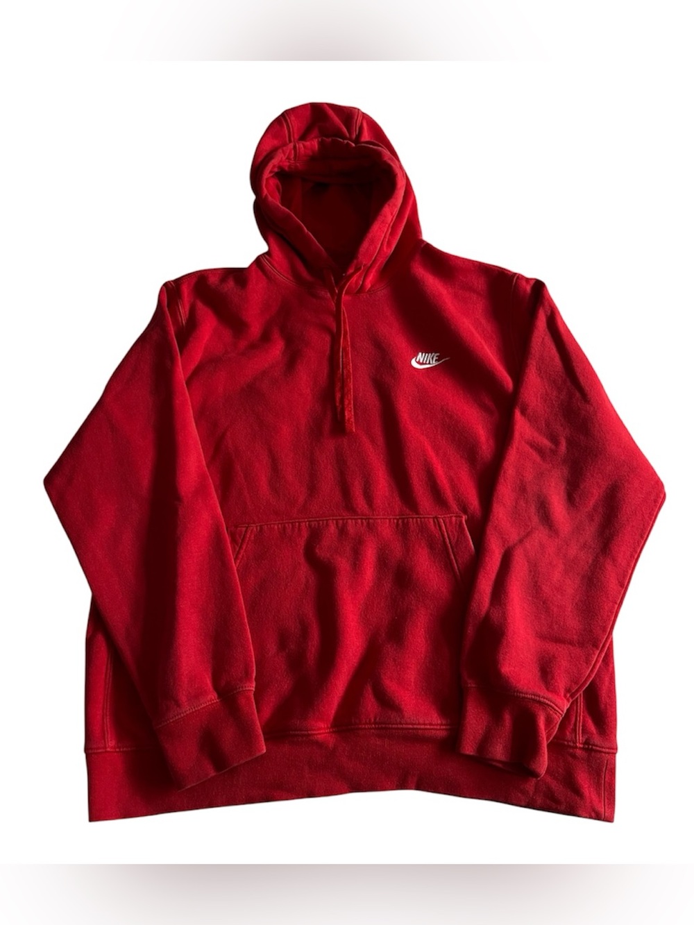 Nike Hoodie Mens Large Red Pullover Fleece Sweatshirt Small Swoosh Logo Solid